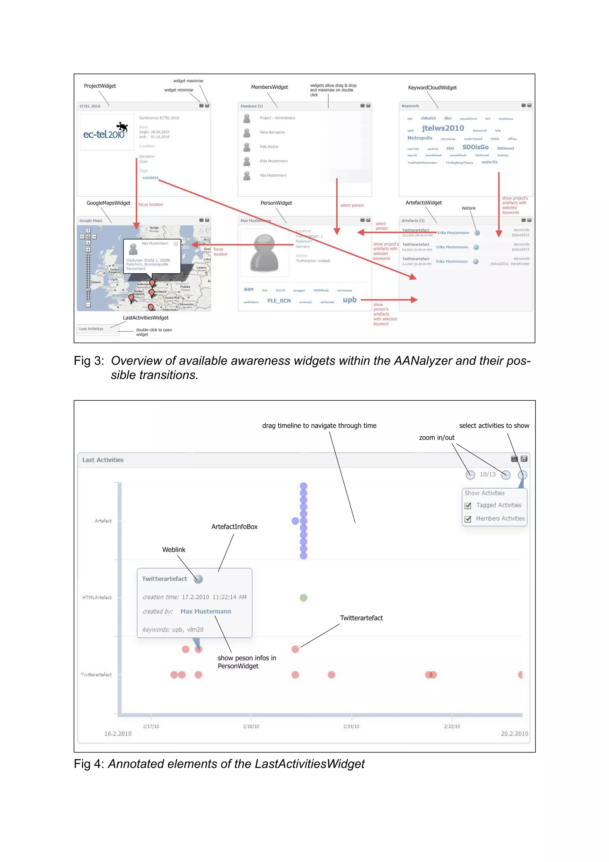 Fig 3: Overview of available awareness widgets within the AANalyzer and their pos-
       sible transitions.




Fig 4: Annotated elements of the LastActivitiesWidget
 