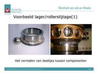 CLEAN OIL
                                                                                      Reinheid van olie en filtratie
             BRIGHT IDEAS
www.cjc.dk

                  Voorbeeld lager/rollerslijtage(1)




                     Het vermalen van deeltjes tussen componenten

  C.C.Jensen Benelux B.V. Reinheid van olie en filtratie, mini seminar, Jan2011, IP                              Page 10
 
