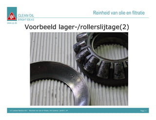 CLEAN OIL
                                                                                      Reinheid van olie en filtratie
             BRIGHT IDEAS
www.cjc.dk

                      Voorbeeld lager-/rollerslijtage(2)




  C.C.Jensen Benelux B.V. Reinheid van olie en filtratie, mini seminar, Jan2011, IP                              Page 11
 