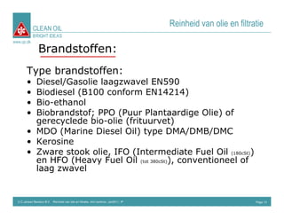 CLEAN OIL
                                                                                      Reinheid van olie en filtratie
             BRIGHT IDEAS
www.cjc.dk

                 Brandstoffen:
        Type brandstoffen:
        • Diesel/Gasolie laagzwavel EN590
        • Biodiesel (B100 conform EN14214)
        • Bio-ethanol
        • Biobrandstof; PPO (Puur Plantaardige Olie) of
          gerecyclede bio-olie (frituurvet)
        • MDO (Marine Diesel Oil) type DMA/DMB/DMC
        • Kerosine
        • Zware stook olie, IFO (Intermediate Fuel Oil (180cSt))
          en HFO (Heavy Fuel Oil (tot 380cSt)), conventioneel of
          laag zwavel


  C.C.Jensen Benelux B.V. Reinheid van olie en filtratie, mini seminar, Jan2011, IP                              Page 13
 