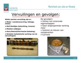 CLEAN OIL
                                                                                             Reinheid van olie en filtratie
             BRIGHT IDEAS
www.cjc.dk

                   Vervuilingen en gevolgen:
  Welke soorten vervuiling zijn er:                                                   De gevolgen:
    Water (condensvorming, lekkage,                                                   • Verlies van smerende
  inlaat)                                                                             eigenschappen
      Stof/Deeltjes (beluchting, inname)                                              • Geen dispergerende werking
      Metalen (slijtage)
                                                                                      meer
                                                                                      • Isoleren en kleven van
      Hars/Resine(thermische belasting)
                                                                                      componenten
    Oxidatie (katalytische werking van de
                                                                                      • Corrosie
  vervuilingen)




  C.C.Jensen Benelux B.V. Reinheid van olie en filtratie, mini seminar, Jan2011, IP                                      Page 4
 