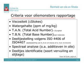 CLEAN OIL
                                                                                      Reinheid van olie en filtratie
             BRIGHT IDEAS
www.cjc.dk

                 Criteria voor oliemonsters rapportage
             • Viscositeit (cStokes)
             • Watergehalte (ppm of mg/kg)
             • T.A.N. (Total Acid Number)= Zuurgetal
             • T.B.N. (Total Base Number)voor motorolie
             • Deeltjestelling volgens ISO 4406 of
               ISO4407 (deeltjestelling van 4, 6 en 14 micron of 2, 5 en 15 micron)
             • Spectraal analyse (o.a. additieven in olie)
             • Deeltjes identificatie (soort vervuiling en
               slijtage)
                                                                                                Clean Oil Guide, pagina 8

  C.C.Jensen Benelux B.V. Reinheid van olie en filtratie, mini seminar, Jan2011, IP                                         Page 5
 