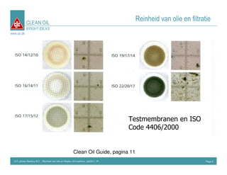 CLEAN OIL
                                                                                       Reinheid van olie en filtratie
             BRIGHT IDEAS
www.cjc.dk




                                                                                      Testmembranen en ISO
                                                                                      Code 4406/2000


                                                          Clean Oil Guide, pagina 11
  C.C.Jensen Benelux B.V. Reinheid van olie en filtratie, mini seminar, Jan2011, IP                                Page 6
 