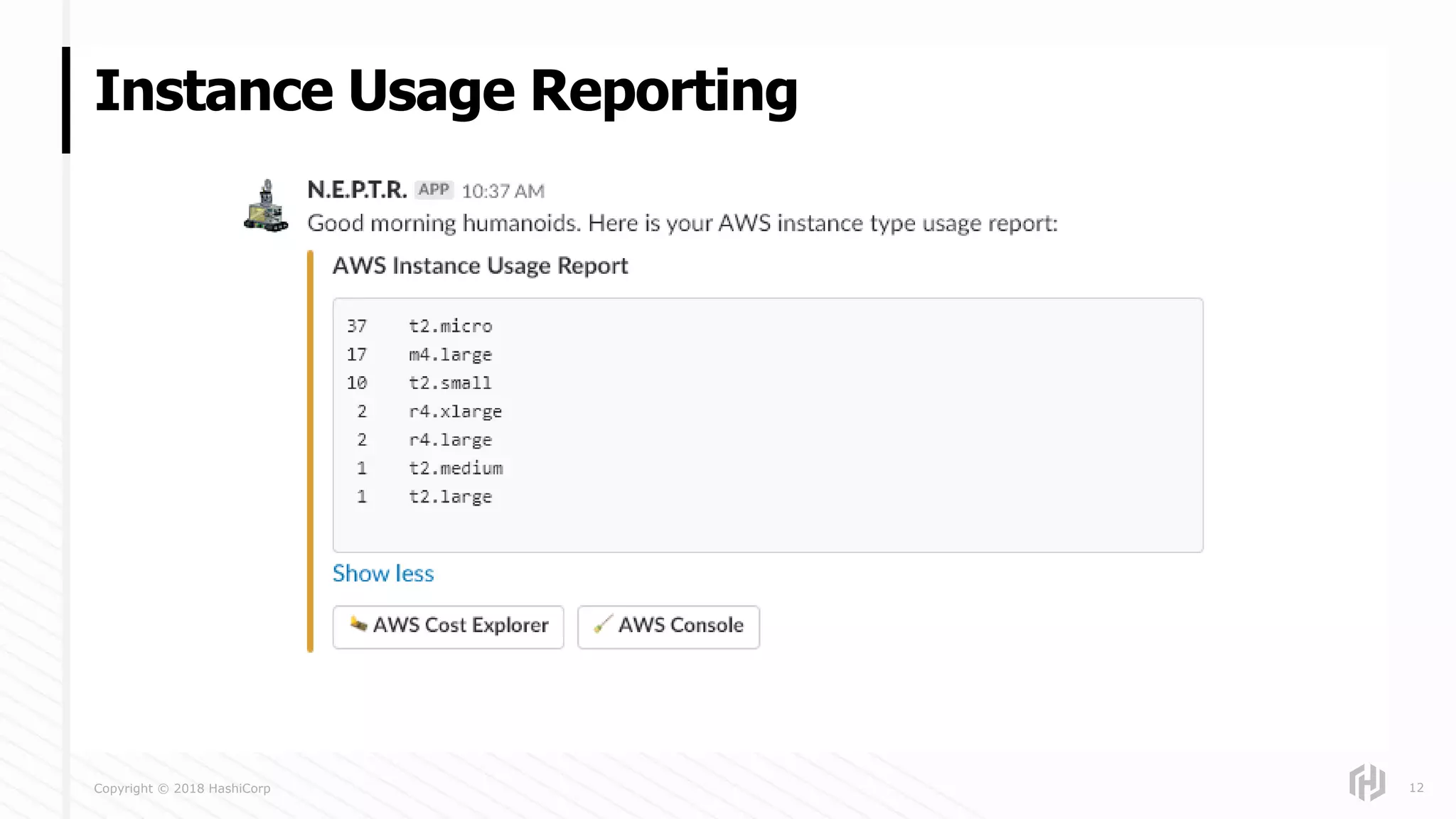 Copyright © 2018 HashiCorp
Instance Usage Reporting
12
 
