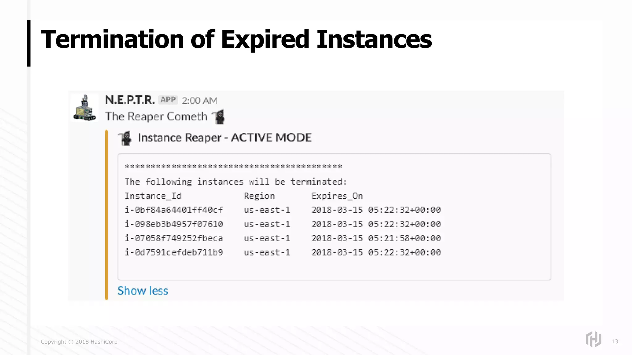 Copyright © 2018 HashiCorp
Termination of Expired Instances
13
 