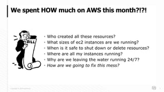 Copyright © 2018 HashiCorp
• Who created all these resources?
• What sizes of ec2 instances are we running?
• When is it safe to shut down or delete resources?
• Where are all my instances running?
• Why are we leaving the water running 24/7?
• How are we going to fix this mess?
We spent HOW much on AWS this month?!?!
3
 