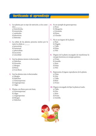 Verificando el aprendizaje
1.	 Las plantas por su tipo de nutrición, se les consi-
dera ______.
a)	heterótrofas
b)	mixotrofas
c)	autótrofas
d)	absortivas
e)	litótrofas
2.	 La célula de las plantas presenta núcleo por lo
tanto la célula es _____.
a)	procariota
b)	unisexual
c)	pluricelular
d)	eucariota
e)	unicelular
3.	 Son las plantas menos evolucionadas:
a)	Helechos
b)	Girasoles
c)	Musgos
d)	Pinos
e)	Con flores
4.	 Son las plantas más evolucionadas:
a)	Musgos
b)	Helechos
c)	Gimnospermas
d)	Angiospermas
e)	Algas
5.	 Plantas con flores pero sin fruto.
a)	Gimnospermas
b)	Algas
c)	Angiospermas
d)	Musgos
e)	Helechos
6.	 Es un ejemplo de gimnosperma:
a)	Rosa
b)	Margarita
c)	Girasoles
d)	Pinos
e)	Claveles
7.	 No es un órgano de la planta:
a)	Raíz
b)	Flagelo
c)	Tallo
d)	Hoja
e)	Flor
8.	 Órgano de la planta encargado de transformar la
energía luminosa en energía química:
a)	Fruto
b)	Semilla
c)	Raíz
d)	Hoja
e)	Flor
9.	 Representa el órgano reproductor de la planta:
a)	Hoja
b)	Flor
c)	Tallo
d)	Raíz
e)	Fruto
10.	Órgano encargado de fijar la planta al suelo.
a)	Tallo
b)	Flor
c)	Raíz
d)	Fruto
e)	Semilla
 
