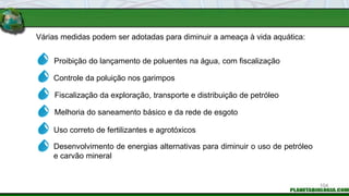 Várias medidas podem ser adotadas para diminuir a ameaça à vida aquática:
Proibição do lançamento de poluentes na água, com fiscalização
Controle da poluição nos garimpos
Fiscalização da exploração, transporte e distribuição de petróleo
Melhoria do saneamento básico e da rede de esgoto
Uso correto de fertilizantes e agrotóxicos
Desenvolvimento de energias alternativas para diminuir o uso de petróleo
e carvão mineral
104
 