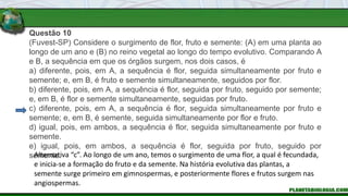 Questão 10
(Fuvest-SP) Considere o surgimento de flor, fruto e semente: (A) em uma planta ao
longo de um ano e (B) no reino vegetal ao longo do tempo evolutivo. Comparando A
e B, a sequência em que os órgãos surgem, nos dois casos, é
a) diferente, pois, em A, a sequência é flor, seguida simultaneamente por fruto e
semente; e, em B, é fruto e semente simultaneamente, seguidos por flor.
b) diferente, pois, em A, a sequência é flor, seguida por fruto, seguido por semente;
e, em B, é flor e semente simultaneamente, seguidas por fruto.
c) diferente, pois, em A, a sequência é flor, seguida simultaneamente por fruto e
semente; e, em B, é semente, seguida simultaneamente por flor e fruto.
d) igual, pois, em ambos, a sequência é flor, seguida simultaneamente por fruto e
semente.
e) igual, pois, em ambos, a sequência é flor, seguida por fruto, seguido por
semente.
Alternativa “c”. Ao longo de um ano, temos o surgimento de uma flor, a qual é fecundada,
e inicia-se a formação do fruto e da semente. Na história evolutiva das plantas, a
semente surge primeiro em gimnospermas, e posteriormente flores e frutos surgem nas
angiospermas.
 