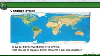 O ambiente terrestre
• O que são biomas? Que biomas você conhece?
• Você conhece os principais biomas brasileiros e suas características?
TOM
VAN
SANT
/
GP
/
SCIENCE
PHOTO
LIBRARY
/
LATINSTOCK
67
 