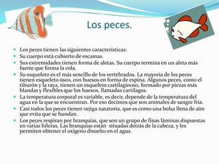 Los peces.Los peces tienen las siguientes características: Su cuerpo está cubierto de escamas.Sus extremidades tienen forma de aletas. Su cuerpo termina en un aleta más fuerte que forma la cola.Su esqueleto es el más sencillo de los vertebrados. La mayoría de los peces tienen esqueleto óseo, con huesos en forma de espina. Algunos peces, como el tiburón y la raya, tienen un esqueleto cartilaginoso, formado por piezas más blandas y flexibles que los huesos, llamadas cartílagos.La temperatura corporal es variable, es decir, depende de la temperatura del agua en la que se encuentran. Por eso decimos que son animales de sangre fría.Casi todos los peces tienen vejiga natatoria, que es como una bolsa llena de aire que evita que se hundan.Los peces respiran por branquias, que son un grupo de finas láminas dispuestas en varias hileras. Las branquias están  situadas detrás de la cabeza, y les permiten obtener el oxígeno disuelto en el agua.