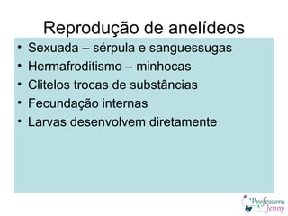 Reprodução de anelídeos
•   Sexuada – sérpula e sanguessugas
•   Hermafroditismo – minhocas
•   Clitelos trocas de substâncias
•   Fecundação internas
•   Larvas desenvolvem diretamente
 