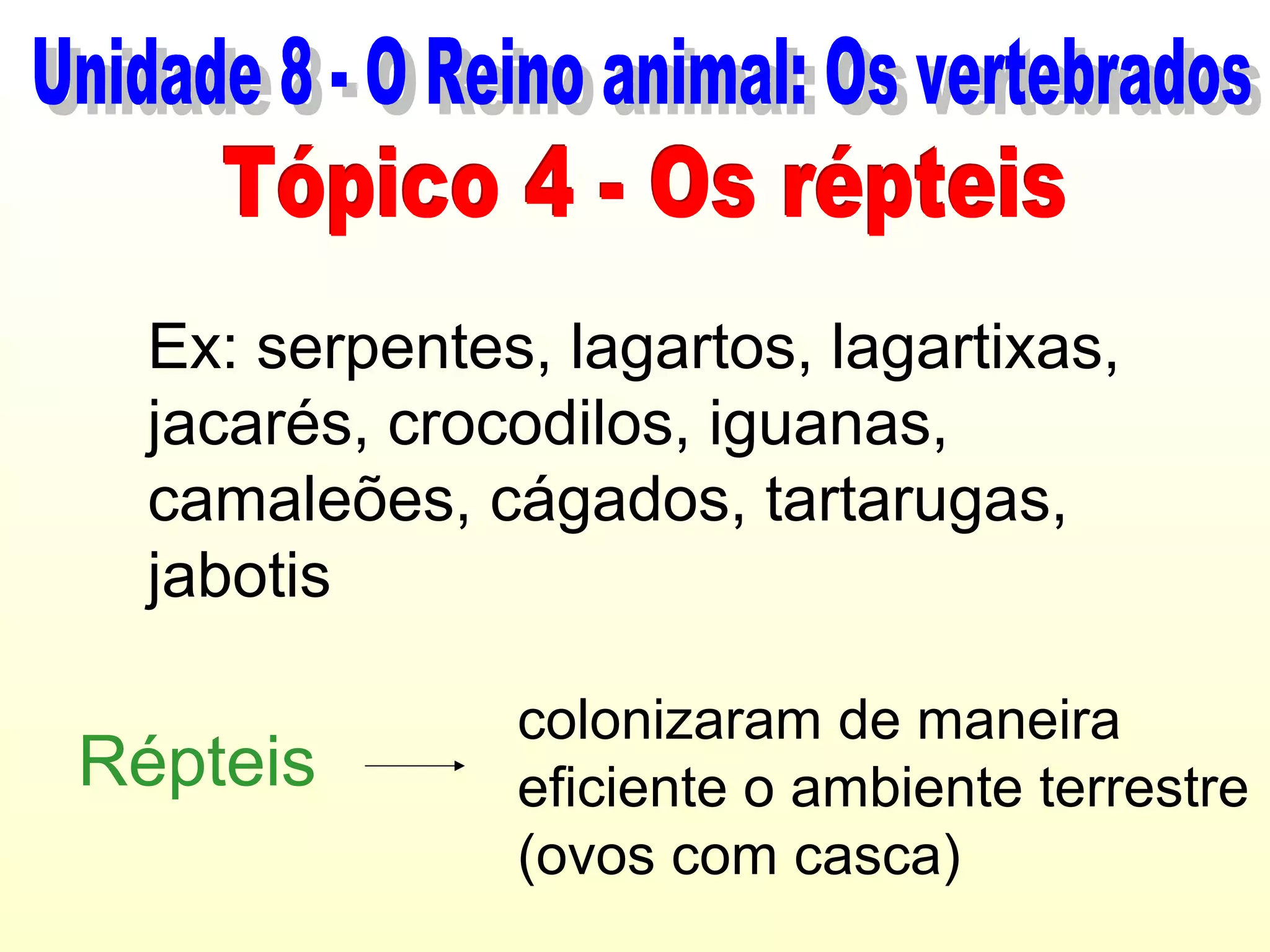 Ex: serpentes, lagartos, lagartixas,
  jacarés, crocodilos, iguanas,
  camaleões, cágados, tartarugas,
  jabotis

               colonizaram de maneira
Répteis        eficiente o ambiente terrestre
               (ovos com casca)
 