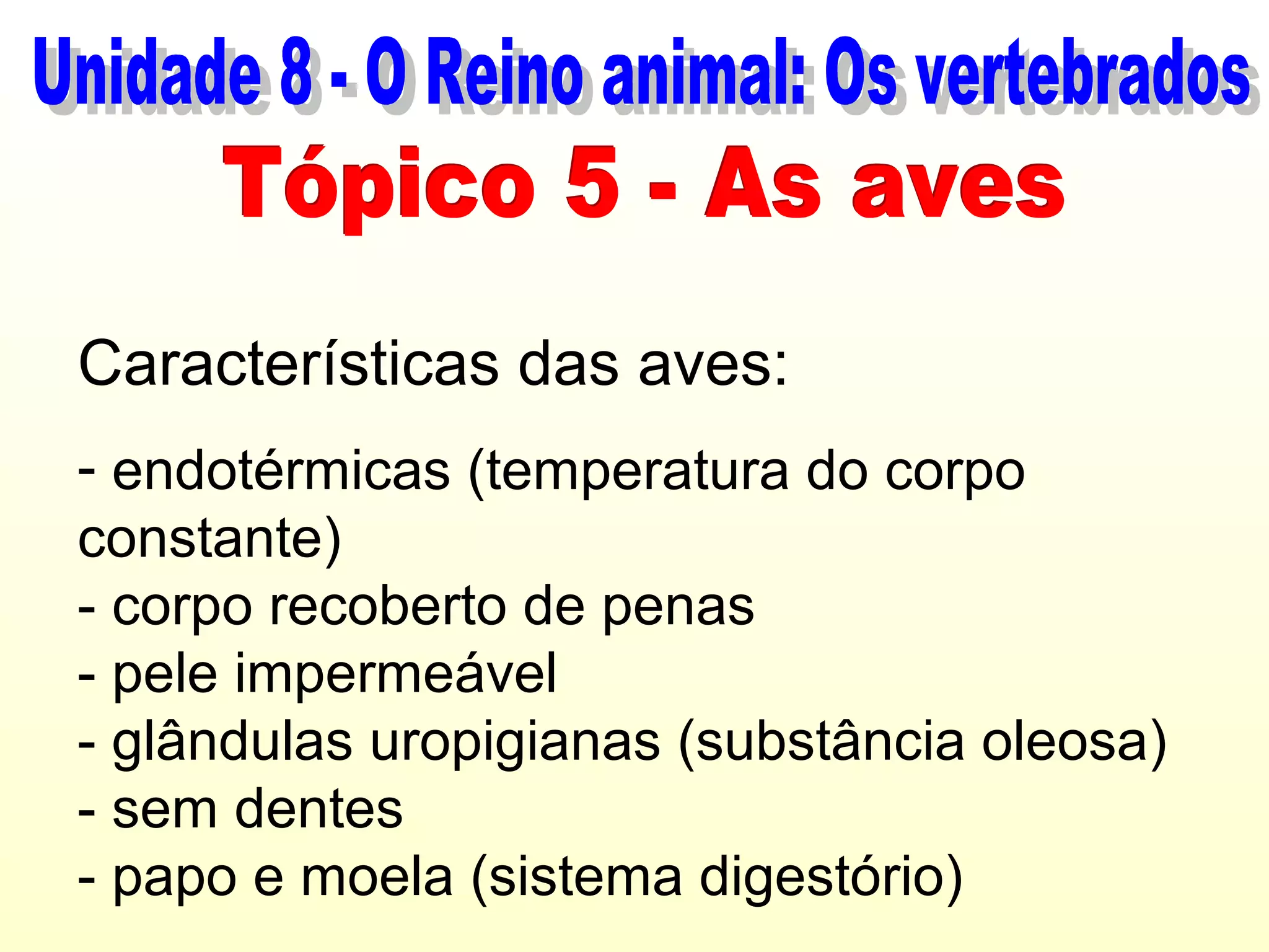 Características das aves:
- endotérmicas (temperatura do corpo
constante)
- corpo recoberto de penas
- pele impermeável
- glândulas uropigianas (substância oleosa)
- sem dentes
- papo e moela (sistema digestório)
 