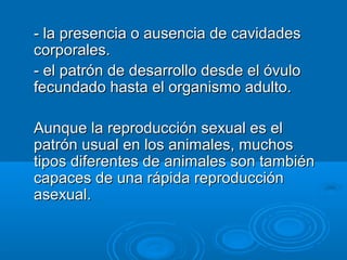 - la presencia o ausencia de cavidades
corporales.
- el patrón de desarrollo desde el óvulo
fecundado hasta el organismo adulto.

Aunque la reproducción sexual es el
patrón usual en los animales, muchos
tipos diferentes de animales son también
capaces de una rápida reproducción
asexual.
 