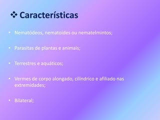 Características
• Nematódeos, nematoides ou nematelmintos;
• Parasitas de plantas e animais;
• Terrestres e aquáticos;
• ...