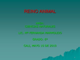 REINO ANIMAL

          AREA:
   CIENCIAS NATURALES

LIC. Mª FERNANDA MARMOLEJO

        GRADO: 6º

   CALI, MAYO 10 DE 2010



                             1
 