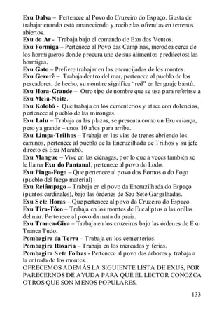 Exu Dalva – Pertenece al Povo do Cruzeiro do Espaço. Gusta de
trabajar cuando está amaneciendo y recibe las ofrendas en terrenos
abiertos.
Exu do Ar - Trabaja bajo el comando de Exu dos Ventos.
Exu Formiga – Pertenece al Povo das Campinas, merodea cerca de
los hormigueros donde procura uno de sus alimentos predilectos: las
hormigas.
Exu Gato – Prefiere trabajar en las encrucijadas de los montes.
Exu Gererê – Trabaja dentro del mar, pertenece al pueblo de los
pescadores, de hecho, su nombre significa “red” en lenguaje bantú.
Exu Hora-Grande – Otro tipo de nombre que se usa para referirse a
Exu Meia-Noite.
Exu Kolobô - Que trabaja en los cementerios y ataca con dolencias,
pertenece al pueblo de las mirongas.
Exu Lalu – Trabaja en las plazas, se presenta como un Exu criança,
pero ya grande – unos 10 años para arriba.
Exu Limpa-Trilhos – Trabaja en las vías de trenes abriendo los
caminos, pertenece al pueblo de la Encruzilhada de Trilhos y su jefe
directo es Exu M arabô.
Exu Mangue – Vive en las ciénagas, por lo que a veces también se
le llama Exu do Pantanal, pertenece al povo do Lodo.
Exu Pinga-Fogo – Que pertenece al povo dos Fornos o do Fogo
(pueblo del fuego material)
Exu Relâmpago – Trabaja en el povo da Encruzilhada do Espaço
(puntos cardinales), bajo las órdenes de Seu Sete Gargalhadas.
Exu S ete Horas – Que pertenece al povo do Cruzeiro do Espaço.
Exu Tira-Tôco – Trabaja en los montes de Eucaliptus a las orillas
del mar. Pertenece al povo da mata da praia.
Exu Tranca-Gira – Trabaja en los cruzeiros bajo las órdenes de Exu
Tranca Tudo.
Pombagira da Terra – Trabaja en los cementerios.
Pombagira Rosária – Trabaja en los mercados y ferias.
Pombagira S ete Folhas - Pertenece al povo das árbores y trabaja a
la entrada de los montes.
OFRECEMOS ADEM ÁS LA SIGUIENTE LISTA DE EXUS, POR
PARECERNOS DE AYUDA PARA QUE EL LECTOR CONOZCA
OTROS QUE SON M ENOS POPULARES.
                                                                133
 