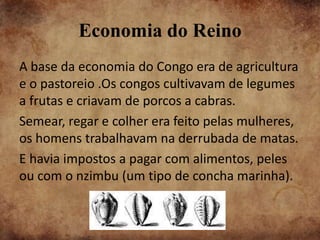 Economia do Reino
A base da economia do Congo era de agricultura
e o pastoreio .Os congos cultivavam de legumes
a frutas e criavam de porcos a cabras.
Semear, regar e colher era feito pelas mulheres,
os homens trabalhavam na derrubada de matas.
E havia impostos a pagar com alimentos, peles
ou com o nzimbu (um tipo de concha marinha).
 