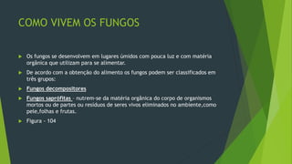 COMO VIVEM OS FUNGOS
 Os fungos se desenvolvem em lugares úmidos com pouca luz e com matéria
orgânica que utilizam para se alimentar.
 De acordo com a obtenção do alimento os fungos podem ser classificados em
três grupos:
 Fungos decompositores
 Fungos saprófitas – nutrem-se da matéria orgânica do corpo de organismos
mortos ou de partes ou resíduos de seres vivos eliminados no ambiente,como
pele,folhas e frutas.
 Figura - 104
 