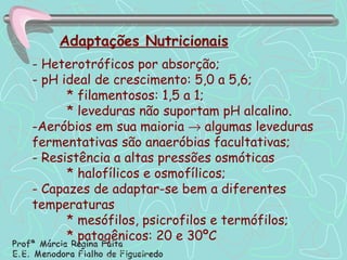 - Heterotróficos por absorção; - pH ideal de crescimento: 5,0 a 5,6; * filamentosos: 1,5 a 1; * leveduras não suportam pH alcalino. Aeróbios em sua maioria    algumas leveduras fermentativas são anaeróbias facultativas; - Resistência a altas pressões osmóticas  * halofílicos e osmofílicos; - Capazes de adaptar-se bem a diferentes temperaturas * mesófilos, psicrofilos e termófilos; * patogênicos: 20 e 30ºC Adaptações Nutricionais 