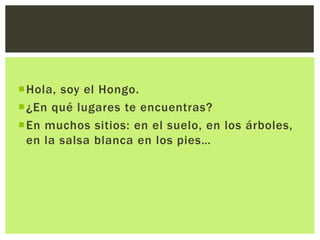 Hola, soy el Hongo.
¿En qué lugares te encuentras?
En muchos sitios: en el suelo, en los árboles,
en la salsa blanca en...