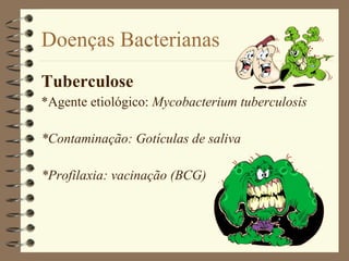Doenças Bacterianas Tuberculose *Agente etiológico:  Mycobacterium tuberculosis *Contaminação: Gotículas de saliva *Profilaxia: vacinação (BCG) 