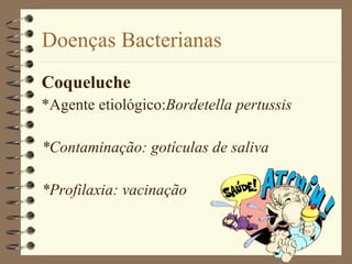 Coqueluche *Agente etiológico: Bordetella pertussis *Contaminação: gotículas de saliva *Profilaxia: vacinação Doenças Bacterianas 