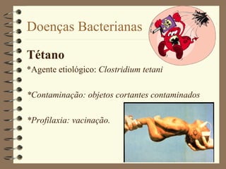 Doenças Bacterianas

Tétano
*Agente etiológico: Clostridium tetani

*Contaminação: objetos cortantes contaminados

*Profilaxia: vacinação.
 