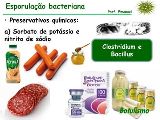 Esporulação bacteriana
                             Prof. Emanuel

• Preservativos químicos:
a) Sorbato de potássio e
nitrito de sódio
                            Clostridium e
                               Bacillus
 