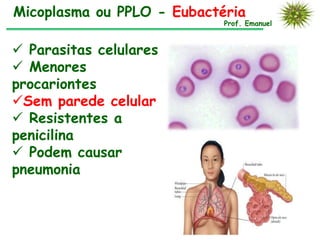 Micoplasma ou PPLO - Eubactéria
                            Prof. Emanuel



 Parasitas celulares
 Menores
procariontes
Sem parede celular
 Resistentes a
penicilina
 Podem causar
pneumonia
 