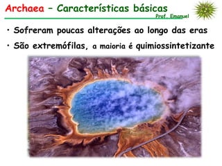 Archaea – Características básicas
                                    Prof. Emanuel


• Sofreram poucas alterações ao longo das eras
• São extremófilas, a maioria é quimiossintetizante
 