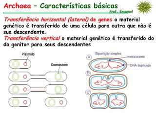 Archaea – Características básicas
                                         Prof. Emanuel

Transferência horizontal (lateral) de genes o material
genético é transferido de uma célula para outra que não é
sua descendente.
Transferência vertical o material genético é transferido do
do genitor para seus descendentes
 
