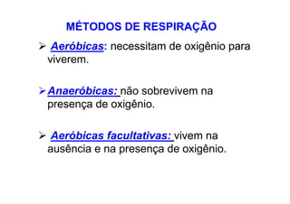 Aeróbicas: necessitam de oxigênio para
viverem.
Anaeróbicas: não sobrevivem na
presença de oxigênio.
Aeróbicas facultativas: vivem na
ausência e na presença de oxigênio.
MÉTODOS DE RESPIRAÇÃO
 