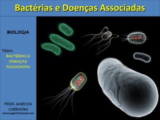 Biologia
Tema:
Bactérias e
doenças
associadas
Prof. Marcos
Corradini
marcosgdr@hotmail.com
Bactérias e Doenças AssociadasBactérias e Doenças Associadas
 