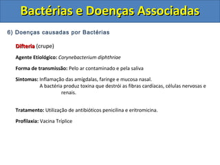 6) Doenças causadas por Bactérias
DifteriaDifteria (crupe)
Agente Etiológico: Corynebacterium diphthriae
Forma de transmissão: Pelo ar contaminado e pela saliva
Sintomas: Inflamação das amígdalas, faringe e mucosa nasal.
A bactéria produz toxina que destrói as fibras cardíacas, células nervosas e
renais.
Tratamento: Utilização de antibióticos penicilina e eritromicina.
Profilaxia: Vacina Tríplice
Bactérias e Doenças AssociadasBactérias e Doenças Associadas
 