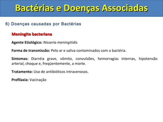 6) Doenças causadas por Bactérias
Meningite bacterianaMeningite bacteriana
Agente Etiológico: Nisseria meningitidis
Forma de transmissão: Pelo ar e saliva contaminados com a bactéria.
Sintomas: Diarréia grave, vômito, convulsões, hemorragias internas, hipotensão
arterial, choque e, freqüentemente, a morte.
Tratamento: Uso de antibióticos intravenosos.
Profilaxia: Vacinação
Bactérias e Doenças AssociadasBactérias e Doenças Associadas
 
