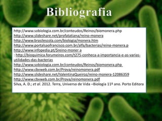 http://www.sobiologia.com.br/conteudos/Reinos/biomonera.php
http://www.slideshare.net/profatatiana/reino-monera
http://www.brasilescola.com/biologia/monera.htm
http://www.portalsaofrancisco.com.br/alfa/bacterias/reino-monera.p
http://www.infopedia.pt/$reino-moner a
: http://bioquimica.forumeiros.com/t275-conheca-a-importancia-e-as-variasutilidades-das-bacterias
http://www.sobiologia.com.br/conteudos/Reinos/biomonera.php
http://www.cbvweb.com.br/Prova/reinomonera.pdf
http://www.slideshare.net/ValentinaQueiroz/reino-monera-12086359
http://www.cbvweb.com.br/Prova/reinomonera.pdf
Silva, A. D.; et al. 2012. Terra, Universo de Vida –Biologia 11º ano. Porto Editora

 
