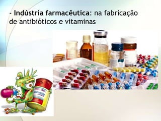 - Indústria farmacêutica: na fabricação
de antibióticos e vitaminas
 