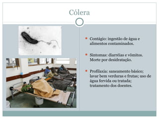 Cólera
 Contágio: ingestão de água e
alimentos contaminados.
 Sintomas: diarréias e vômitos.
Morte por desidratação.
 Profilaxia: saneamento básico;
lavar bem verduras e frutas; uso de
água fervida ou tratada;
tratamento dos doentes.
 