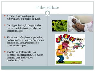 Tuberculose
 Agente: Mycobacterium
tuberculosis ou bacilo de Koch.
 Contágio: inalação de gotículas
durante a fala, tosse ou objetos
contaminados.
 Sintomas: infecção nos pulmões,
podendo atingir outros órgãos via
sanguínea. Emagrecimento e
tosse com sangue.
 Profilaxia: tratamento dos
doentes; vacinação (BCG); evitar
contato com indivíduos
contaminados.
 