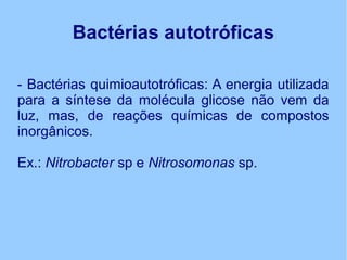Bactérias autotróficas
- Bactérias quimioautotróficas: A energia utilizada
para a síntese da molécula glicose não vem da
luz, mas, de reações químicas de compostos
inorgânicos.
Ex.: Nitrobacter sp e Nitrosomonas sp.
 