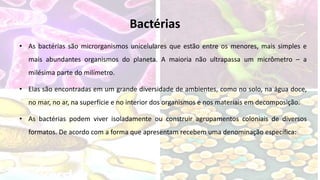 Bactérias
• As bactérias são microrganismos unicelulares que estão entre os menores, mais simples e
mais abundantes organismos do planeta. A maioria não ultrapassa um micrômetro – a
milésima parte do milímetro.
• Elas são encontradas em um grande diversidade de ambientes, como no solo, na água doce,
no mar, no ar, na superfície e no interior dos organismos e nos materiais em decomposição.
• As bactérias podem viver isoladamente ou construir agrupamentos coloniais de diversos
formatos. De acordo com a forma que apresentam recebem uma denominação específica:
 
