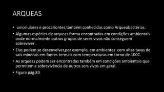 ARQUEAS
• unicelulares e procariontes,também conhecidas como Arqueobactérias.
• Algumas espécies de arqueas forma encontradas em condições ambientais
onde normalmente outros grupos de seres vivos não conseguem
sobreviver .
• Elas podem se desenvolver,por exemplo, em ambientes com altas taxas de
sais minerais em fontes termais com temperaturas em torno de 100C.
• As arqueas podem ser encontradas também em condições ambientais que
permitem a sobrevivência de outros sers vivos em geral.
• Figura pág.83
 