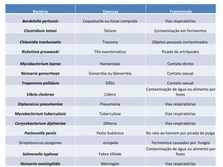 Bactéria Doenças Transmissão Bordetella pertussis Coqueluche ou tosse comprida  Vias respiratórias  Clostridium tetani Tétano  Contaminação em ferimentos  Chlamidia trachomatis Tracoma  Objetos pessoais contaminados  Rickettsia prowazeki Tifo exantemático  Picada de artrópodes  Mycobacterium leprae Hanseníase  Contato direto  Neisseria gonorrheae Gonorréia ou blenorréia  Contato sexual  Treponema pallidum Sífilis  Contato sexual  Vibrio cholerae Cólera  Contaminação de água ou alimento por fezes  Diplococcus pneumoniae Pneumonia  Vias respiratórias  Mycobacterium tuberculosis Tuberculose  Vias respiratórias  Corynebacterium diphteriae Difteria  Vias respiratórias  Pasteurella pestis Peste bubônica  Do rato ao homem por picada de pulga  Streptococcus pyogenes erisipela Ferimentos causados por  fungos Salmonella typhosa Febre tifóide  Contaminação de água ou alimento por fezes  Neisseria meningitidis Meningite  Vias respiratórias  
