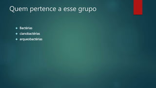 Quem pertence a esse grupo 
 Bactérias 
 cianobactérias 
 arqueobactérias 
 