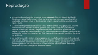 Reprodução 
 A reprodução das bactérias ocorre de forma assexuada, feita por bipartição (divisão 
binária, ou cissiparidade), onde a célula bacteriana cresce, têm seu material genético 
duplicado, e então, a célula se divide, dando origem a outra bactéria, geneticamente 
igual à outra. 
 A variabilidade genética das bactérias é feita de três formas: conjugação, que consiste 
em uma bactéria transferir material genético para outra, e vice-versa, através das 
fímbrias; transdução: é a troca de genes feita através de um vírus, que invade uma 
célula, incorpora seu material genético, e o transmite para outras células; transformação: 
as bactérias podem incorporar ao seu DNA fragmentos de materiais genéticos dispersos 
no ambiente. 
 As bactérias também podem originar esporos, em condições ambientes desfavoráveis à 
reprodução (altas ou baixas temperaturas, presença de substâncias tóxicas, etc). Eles são 
pequenas células bacterianas, com uma parede celular espessa, pouca água e um 
material genético. Elas são capazes de ficarem milhares de anos nestes ambientes, 
esperando por uma condição do ambiente melhor. 
 