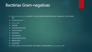 Bactérias Gram-negativas 
 As proteobactérias compõem a maior parte das bactérias gram negativas. As principais 
são: 
 Escherichia coli 
 Salmonella 
 Shigella 
 Enterobacteriaceae: 
 Pseudomonas 
 Moraxella 
 Helicobacter 
 Stenotrophomonas 
 Bdellovibrio 
 Legionella 
 Entre outras, como Chlorobi, Chloroflexi, Cianobactérias, Espiroquetas, etc. 
 