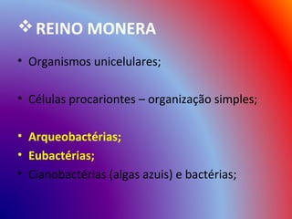  REINO MONERA
• Organismos unicelulares;

• Células procariontes – organização simples;

• Arqueobactérias;
• Eubactérias;
• Cianobactérias (algas azuis) e bactérias;
 