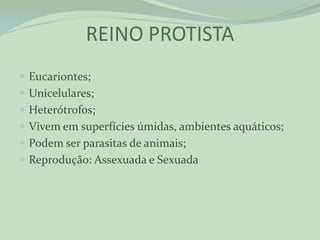 REINO PROTISTA
 Eucariontes;
 Unicelulares;
 Heterótrofos;
 Vivem em superfícies úmidas, ambientes aquáticos;
 Podem ser parasitas de animais;
 Reprodução: Assexuada e Sexuada
 